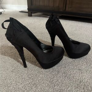 Baker’s Black Satin Platform High Heels with Lace Up Bow Accent